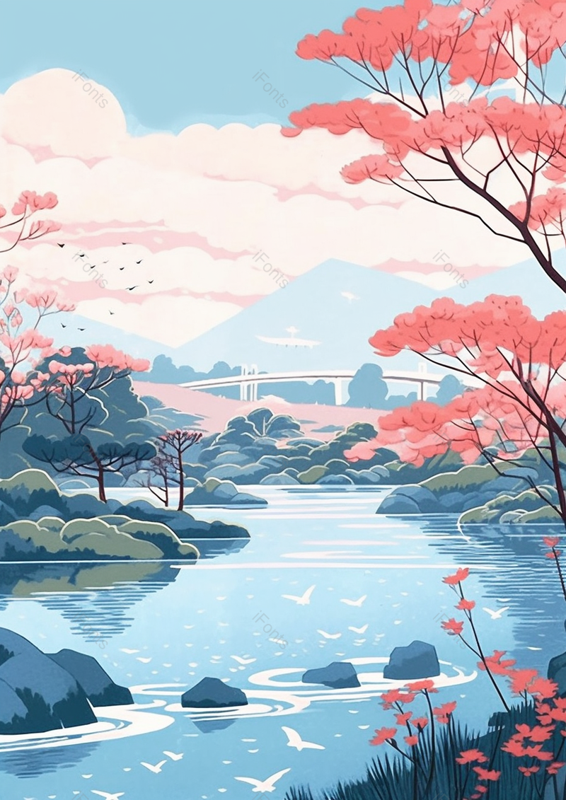 蓝色手绘风简约河流桥梁背景,插画/手绘图,插画/手绘图库,插画/手绘图下载,插画/手绘